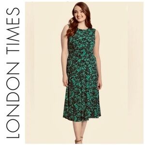 London Times Dress 16W Green Blue floral Midi sleeveless Crew Neck office event